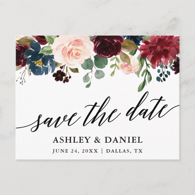 Calligraphy Burgundy Blue Floral Save The Date Postcard (Front)