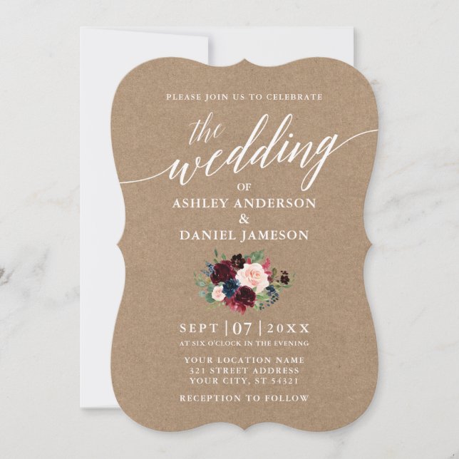 Calligraphy Burgundy Blue Floral Wedding Kraft Invitation (Front)