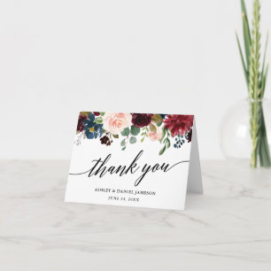 Calligraphy Burgundy Blue Floral Wedding Note Thank You Card