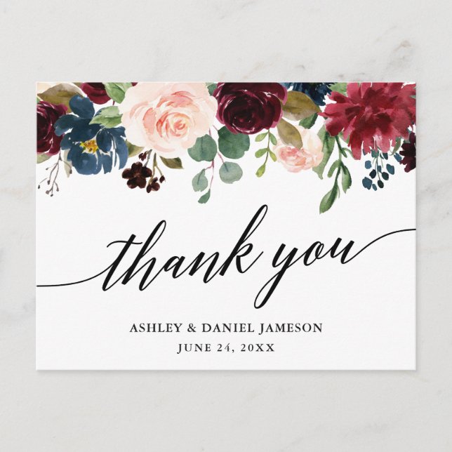 Calligraphy Burgundy Blue Floral Wedding Thank You Postcard (Front)
