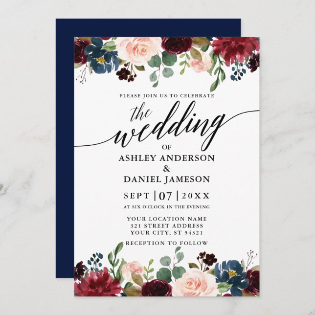 Calligraphy Burgundy Floral Blue Wedding Invitation (Front/Back)