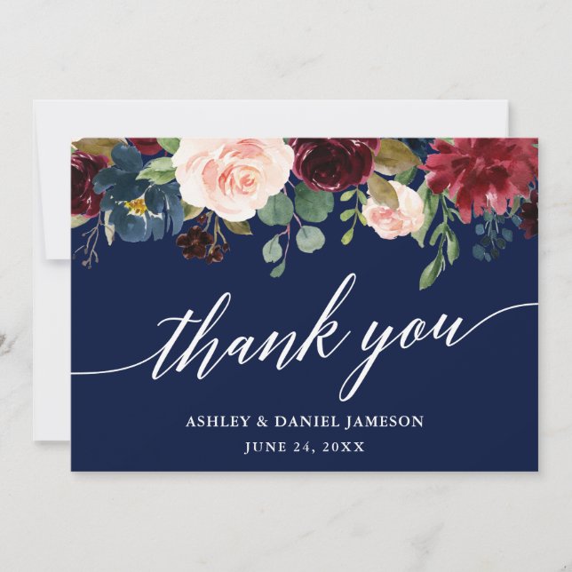 Calligraphy Burgundy Floral Blue Wedding Thank You Card (Front)