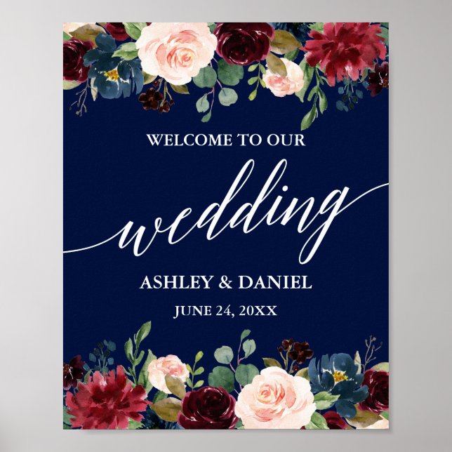 Calligraphy Burgundy Floral Blue Wedding Welcome Poster (Front)