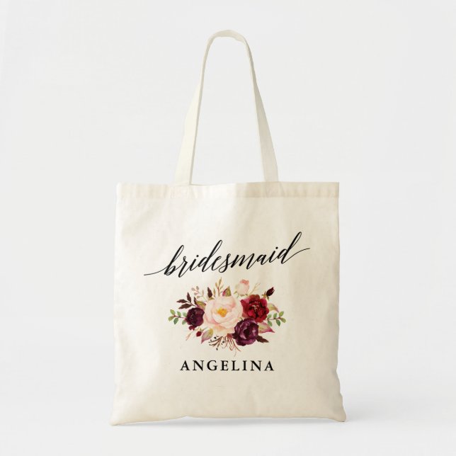 Calligraphy Burgundy Floral Bridesmaid Name Tote Bag (Front)