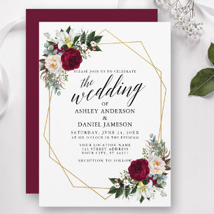 Calligraphy Burgundy Floral Greenery Gold Wedding Invitation