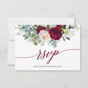 Calligraphy Burgundy Floral RSVP Wedding Card