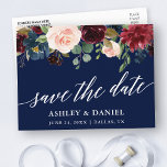 Calligraphy Burgundy Floral Save The Date Blue Postcard<br><div class="desc">Modern Elegant Calligraphy,  Watercolor Burgundy Blue Floral Wedding Save The Date Postcard</div>