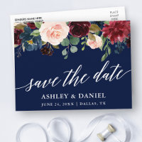 Calligraphy Burgundy Floral Save The Date Blue