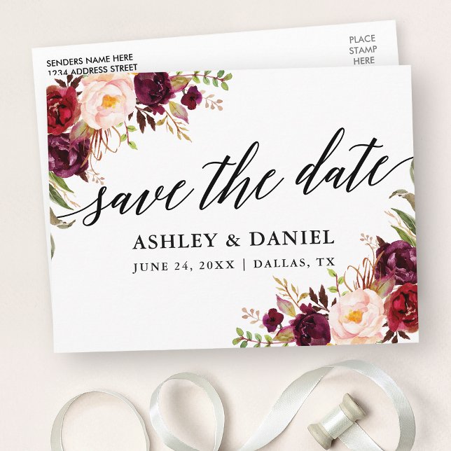 Calligraphy Burgundy Floral Save The Date Postcard (Customize to change your personalized text size or text style.)