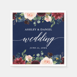 Calligraphy Burgundy Floral Wedding Blue Napkin