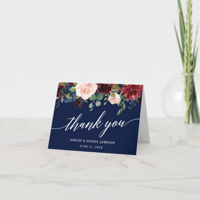 Calligraphy Burgundy Floral Wedding Blue Note Thank You Card (Front)