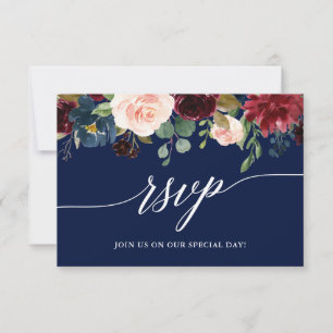 Calligraphy Burgundy Floral Wedding Blue RSVP Card