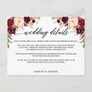 Calligraphy Burgundy Floral Wedding Details Card