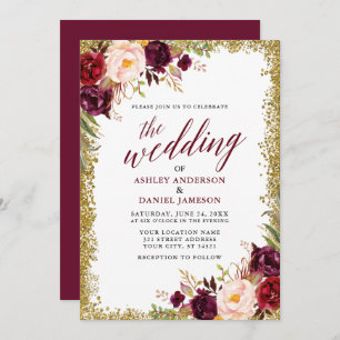 Calligraphy Burgundy Floral Wedding Gold Glitter Invitation