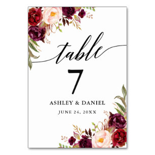 Calligraphy Burgundy Floral Wedding Table Number