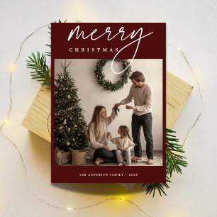 Calligraphy Burgundy Merry Christmas Photo Card
