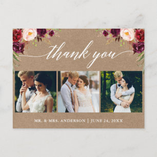 Calligraphy Burgundy Wedding Photo Thank You Kraft Postcard