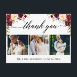 Calligraphy Burgundy Wedding Photo Thank You Postcard<br><div class="desc">Modern Calligraphy,  Watercolor Burgundy Floral,  Wedding 3 Photo Thank You Postcard</div>