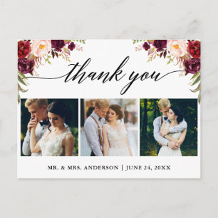 Calligraphy Burgundy Wedding Photo Thank You Postcard