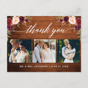 Calligraphy Burgundy Wedding Photo Wood Thank You Postcard