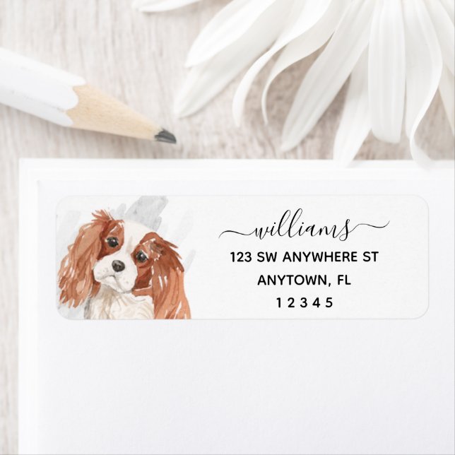 Calligraphy Cavalier King Charles Spaniel Dog Return Address Label (Insitu)
