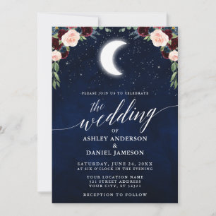 Calligraphy Celestial Moon Stars Floral Wedding Invitation