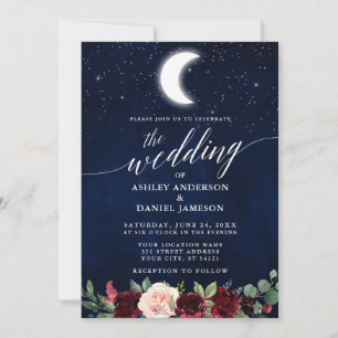 Calligraphy Celestial Wedding Moon Stars Floral Invitation