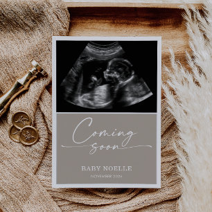 Calligraphy Chic Taupe Coming Soon Pregnancy Card