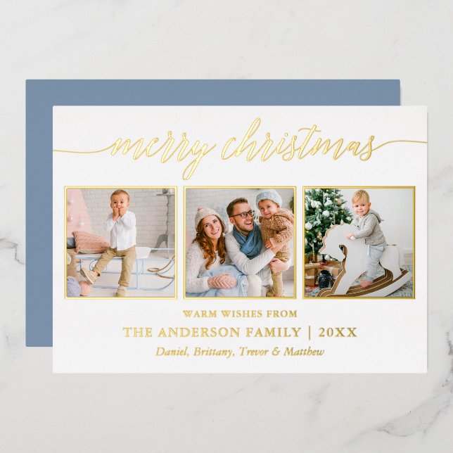 Calligraphy Christmas 3 Photo Dusty Blue Gold Foil Holiday Card (Front/Back)