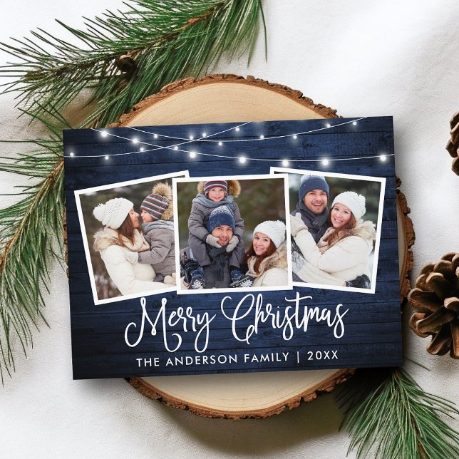 Calligraphy Christmas Blue Wood Lights 3 Photo Postcard (Customize to change your personalized text size or text style.)