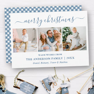 Calligraphy Christmas Dusty Blue Gingham 3 Photo Holiday Card