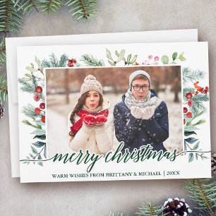 Calligraphy Christmas Greenery Couple Photo Green Holiday Card