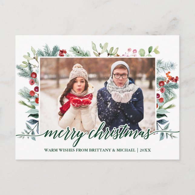 Calligraphy Christmas Greenery Couple Photo Green Postcard (Front)