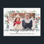 Calligraphy Christmas Greenery Couple Photo Postcard<br><div class="desc">Modern Elegant Calligraphy Script Merry Christmas Watercolor Holiday Greenery Couple Photo Postcard</div>