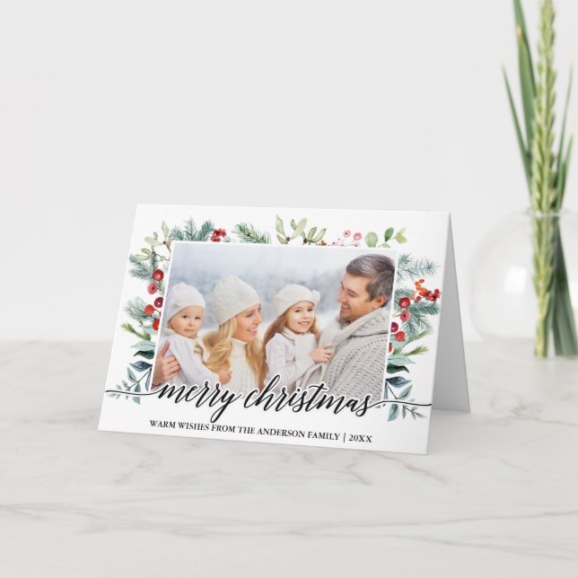 Calligraphy Christmas Greenery Family Photo Fold Holiday Card (Front)