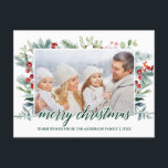 Calligraphy Christmas Greenery Family Photo Green Postcard<br><div class="desc">Modern Elegant Calligraphy Script Merry Christmas Watercolor Holiday Greenery Family Photo Postcard</div>