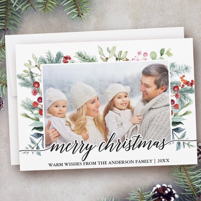 Calligraphy Christmas Greenery Family Photo Holiday Card (Customize to change your personalized text size or text style.)