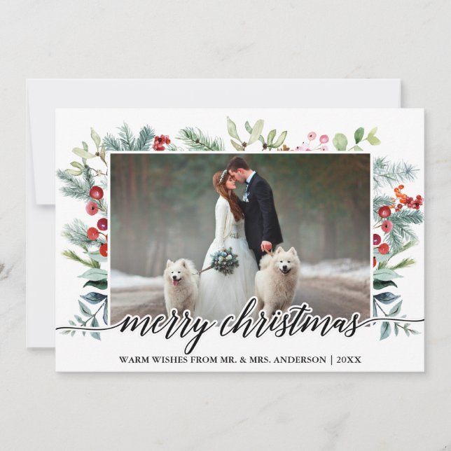 Calligraphy Christmas Greenery Wedding Photo Holiday Card (Front)