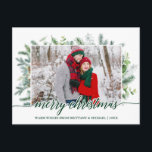 Calligraphy Christmas Pine Greenery Couple Green Postcard<br><div class="desc">Modern Elegant Calligraphy Script Merry Christmas Watercolor Holiday Pine Greenery Couple Photo Postcard</div>