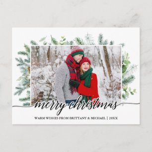 Calligraphy Christmas Pine Greenery Couple Photo Postcard