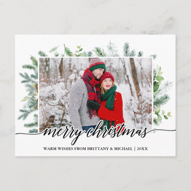 Calligraphy Christmas Pine Greenery Couple Photo Postcard (Front)