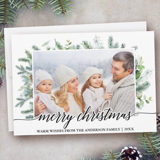 Calligraphy Christmas Pine Greenery Family Photo Holiday Card (Customize to change your personalized text size or text style.)