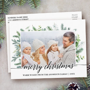 Calligraphy Christmas Pine Greenery Family Photo Postcard