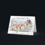 Calligraphy Christmas Pine Greenery Fold Photo Holiday Card<br><div class="desc">Modern Elegant Calligraphy Script Merry Christmas Watercolor Holiday Pine Greenery Family Photo Folded Card - Green Script</div>