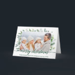 Calligraphy Christmas Pine Greenery Fold Photo Holiday Card<br><div class="desc">Modern Elegant Calligraphy Script Merry Christmas Watercolor Holiday Pine Greenery Family Photo Folded Card - Green Script</div>