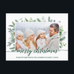 Calligraphy Christmas Pine Greenery Photo Postcard<br><div class="desc">Modern Elegant Calligraphy Script Merry Christmas Watercolor Holiday Pine Greenery Family Photo Postcard - Green Script</div>