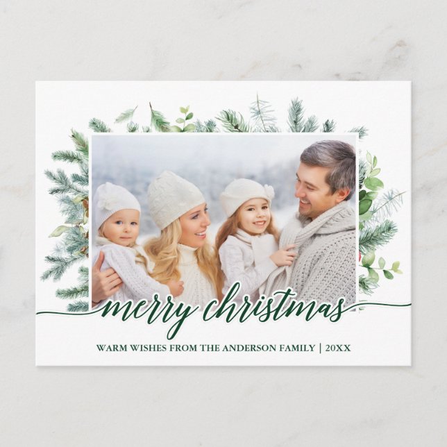 Calligraphy Christmas Pine Greenery Photo Postcard (Front)