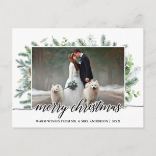 Calligraphy Christmas Pine Greenery Wedding Photo Postcard