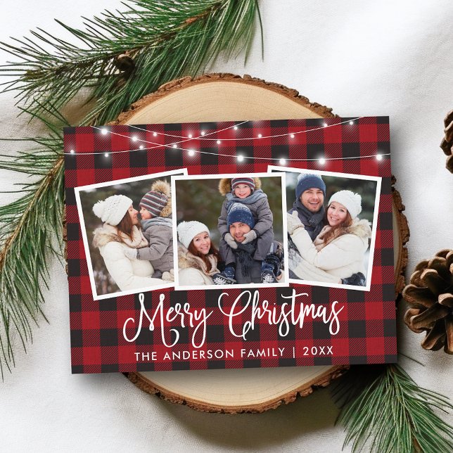 Calligraphy Christmas Plaid String Lights 3 Photo Postcard (Customize to change your personalized text size or text style.)
