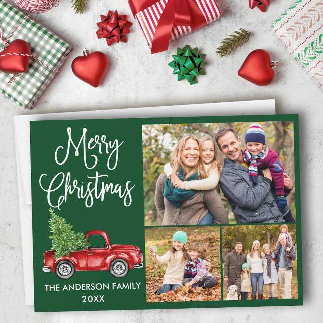 Calligraphy Christmas Red Truck 3 Photo Green Holiday Card (Customize to add text to back of card.)